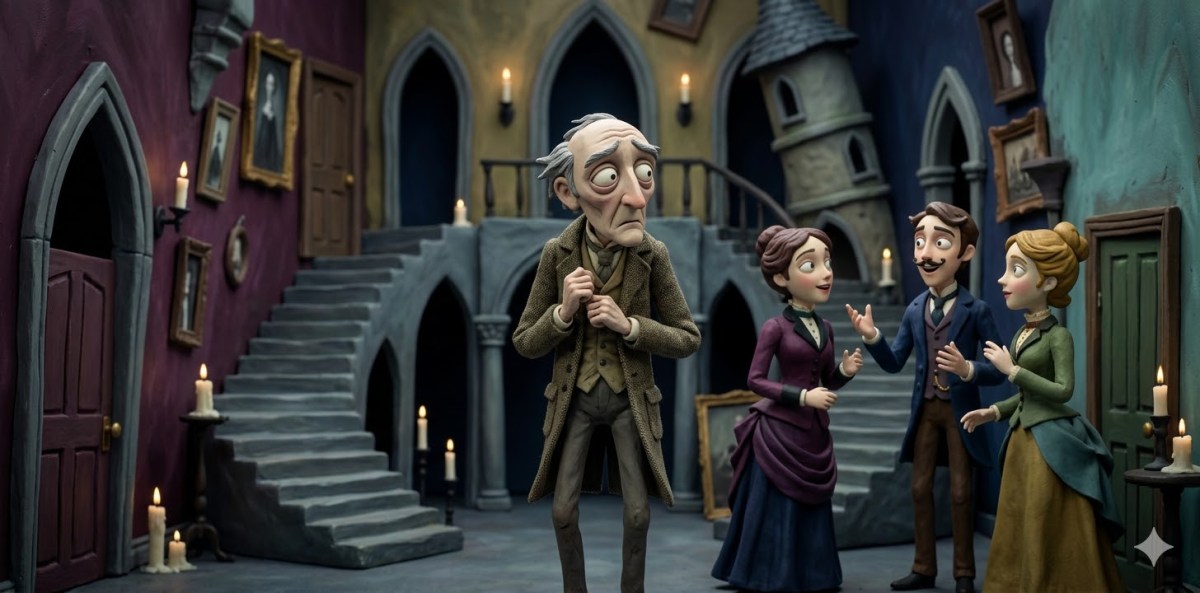 Cartoon of old man looking nervous near young people